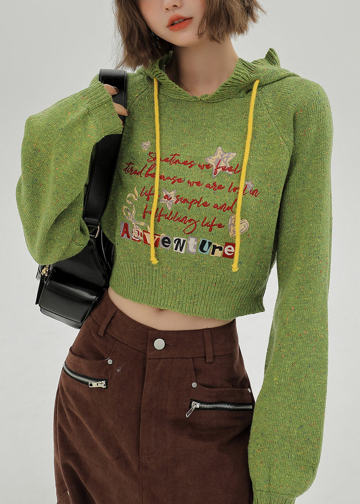 Italian Grass Green Hooded Letter Knit Sweaters Winter