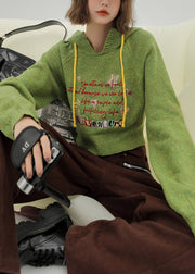Italian Grass Green Hooded Letter Knit Sweaters Winter