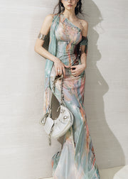 Italian Green Asymmetrical Print Tulle Two-Piece Set Sleeveless