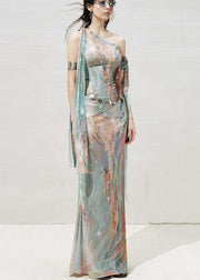Italian Green Asymmetrical Print Tulle Two-Piece Set Sleeveless