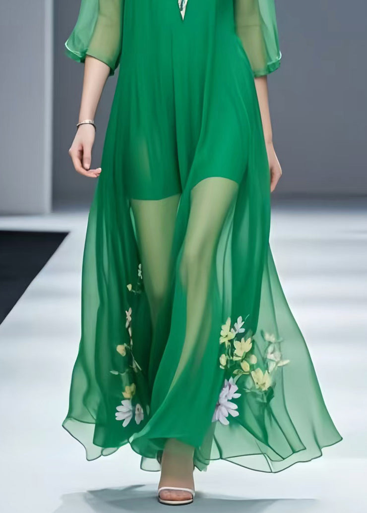 Italian Green Floral Chiffon Vacation Dresses Bracelet Sleeve