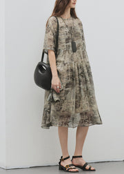 Italian Green Khaki O Neck Print Patchwork Silk Dress Summer