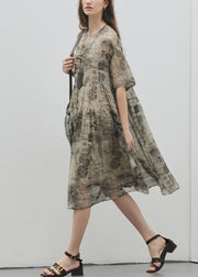 Italian Green Khaki O Neck Print Patchwork Silk Dress Summer