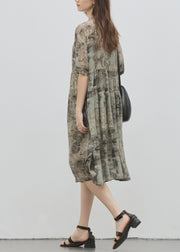 Italian Green Khaki O Neck Print Patchwork Silk Dress Summer
