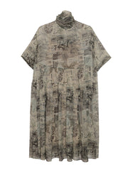 Italian Green Khaki O Neck Print Patchwork Silk Dress Summer