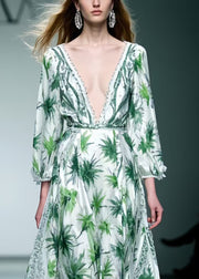 Italian Green Leaf Print Exra Large Hem Silk Dress Bracelet Sleeve