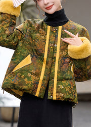 Italian Green O-Neck Print Duck Down Jacket In Winter
