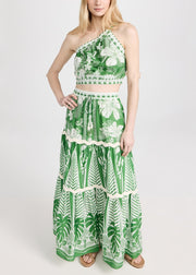 Italian Green One Shoulder Print Top And Maxi Skirts Two Pieces Set Sleeveless