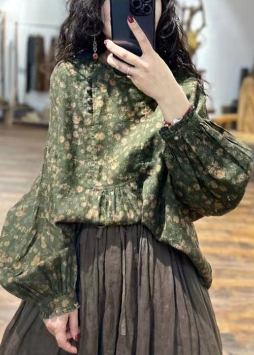 Italian Green Print Ruffled Patchwork Linen Shirts Fall