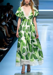 Italian Green Puff Sleeve Print Chiffon Holiday Dress Summer