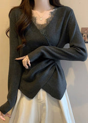 Italian Grey Asymmetrical Lace Patchwork Knit Sweaters Spring