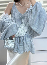 Italian Grey Cinched Patchwork Knit Women Sets 2 Pieces Fall