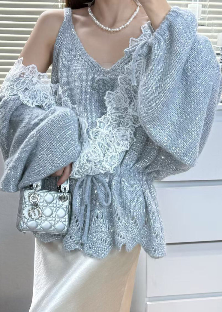 Italian Grey Cinched Patchwork Knit Women Sets 2 Pieces Fall