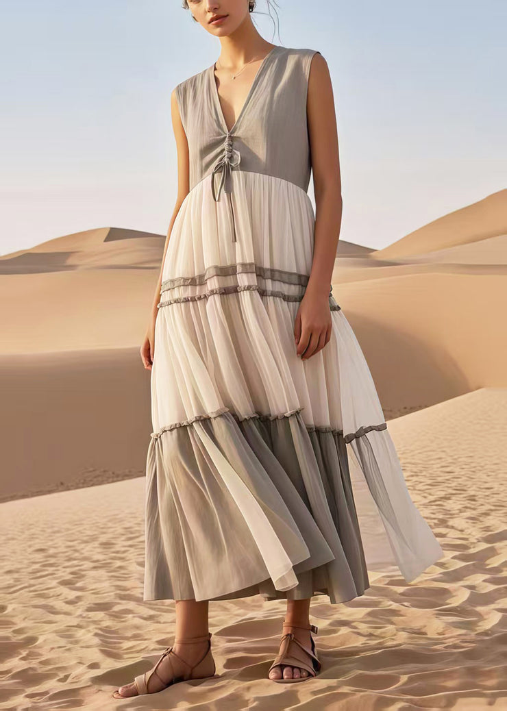 Italian Grey Cinched Patchwork Tulle Long Dress Sleeveless