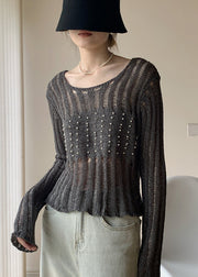 Italian Grey Hollow Out Nail Bead Knit Tops Fall