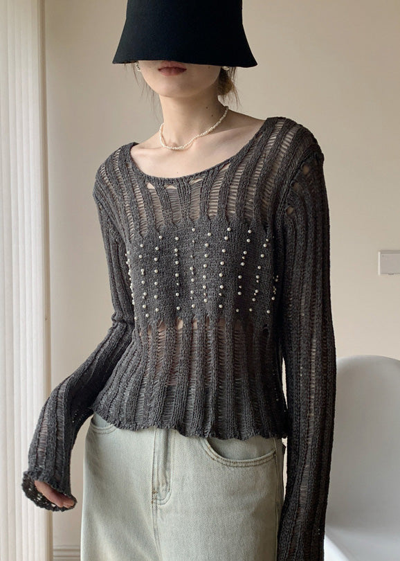 Italian Grey Hollow Out Nail Bead Knit Tops Fall