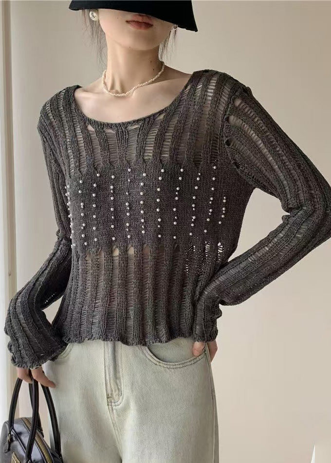 Italian Grey Hollow Out Nail Bead Knit Tops Fall