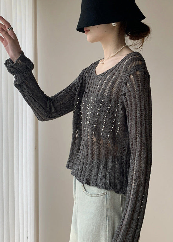 Italian Grey Hollow Out Nail Bead Knit Tops Fall