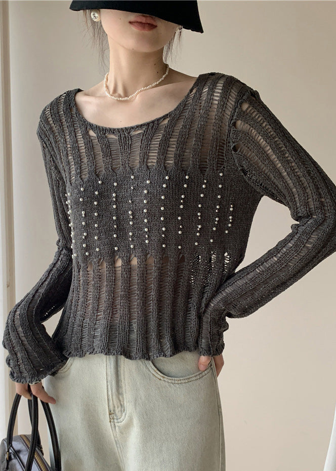 Italian Grey Hollow Out Nail Bead Knit Tops Fall
