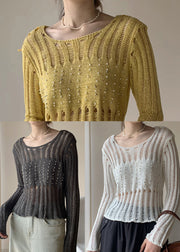 Italian Grey Hollow Out Nail Bead Knit Tops Fall