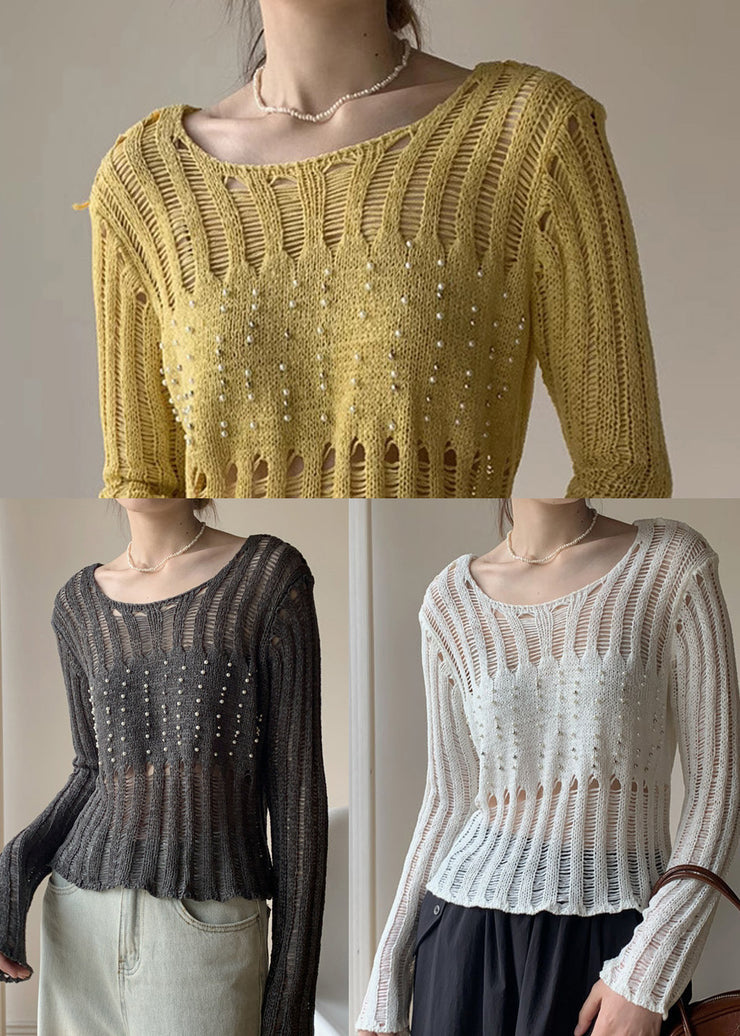 Italian Grey Hollow Out Nail Bead Knit Tops Fall
