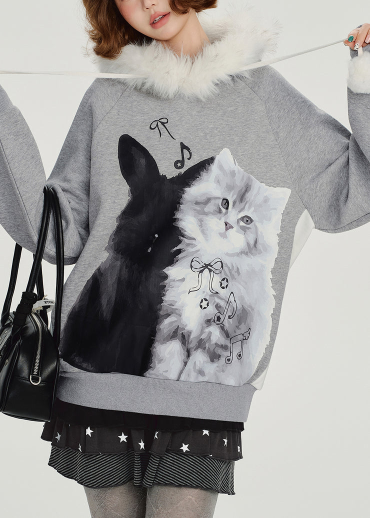 Italian Grey Hooded Print Cotton Pullover Streetwear Winter