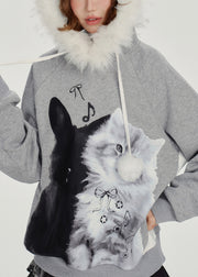 Italian Grey Hooded Print Cotton Pullover Streetwear Winter