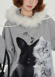 Italian Grey Hooded Print Cotton Pullover Streetwear Winter