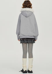 Italian Grey Hooded Print Cotton Pullover Streetwear Winter