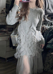 Italian Grey O Neck Tulle Patchwork Knit Long Sweater Fall