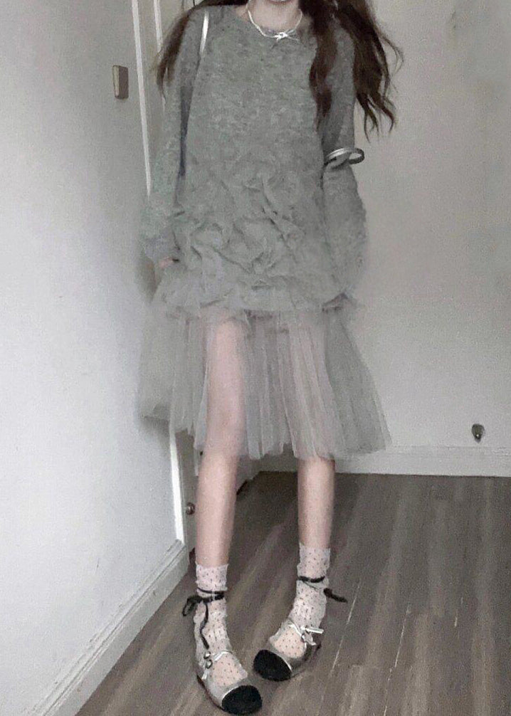 Italian Grey O Neck Tulle Patchwork Knit Long Sweater Fall