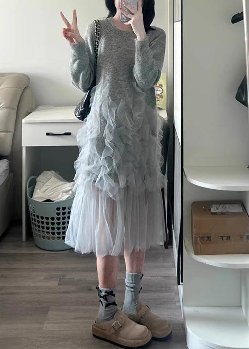 Italian Grey O Neck Tulle Patchwork Knit Long Sweater Fall
