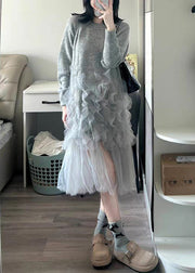 Italian Grey O Neck Tulle Patchwork Knit Long Sweater Fall