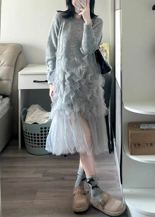 Italian Grey O Neck Tulle Patchwork Knit Long Sweater Fall