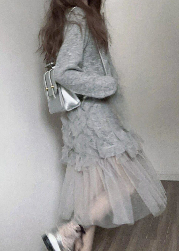 Italian Grey O Neck Tulle Patchwork Knit Long Sweater Fall