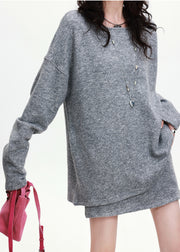 Italian Grey Oversized Wool Knit Two Pieces Set Spring