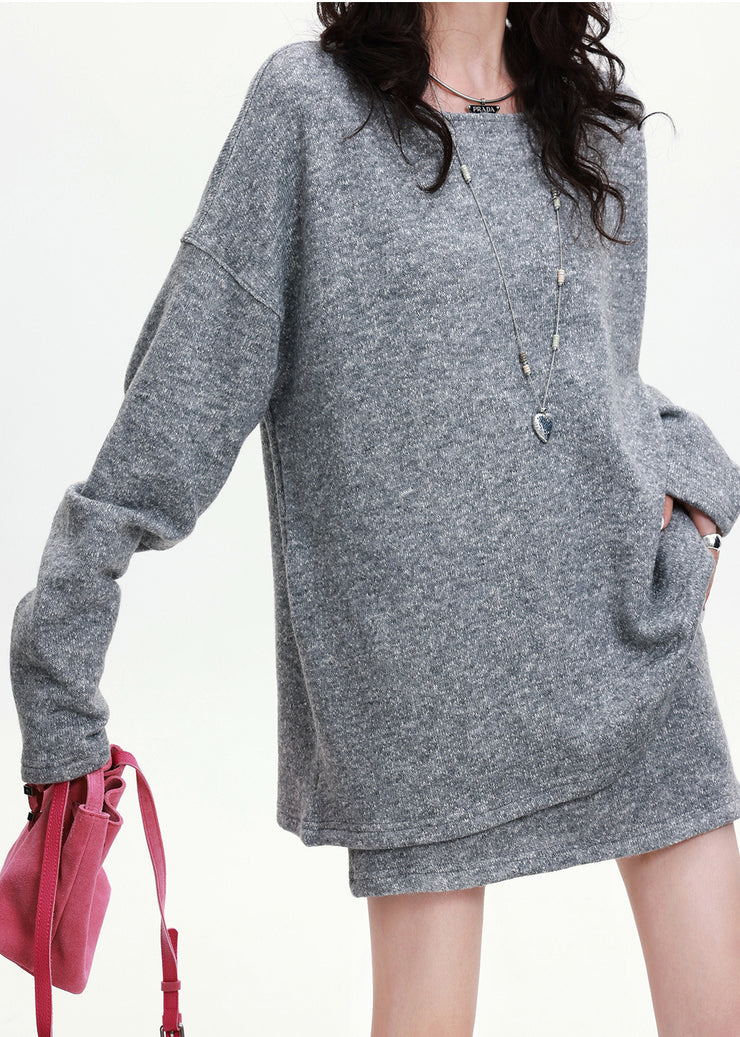 Italian Grey Oversized Wool Knit Two Pieces Set Spring
