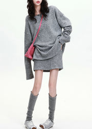 Italian Grey Oversized Wool Knit Two Pieces Set Spring
