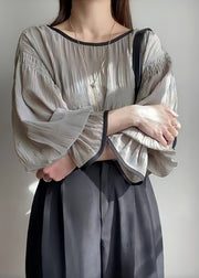 Italian Grey Oversized Wrinkled Chiffon Tops Puff Sleeve