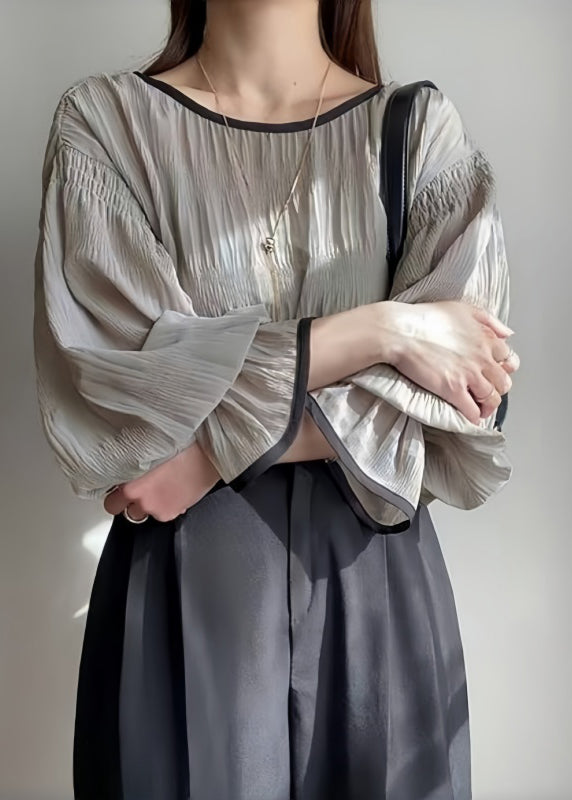 Italian Grey Oversized Wrinkled Chiffon Tops Puff Sleeve