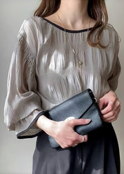 Italian Grey Oversized Wrinkled Chiffon Tops Puff Sleeve