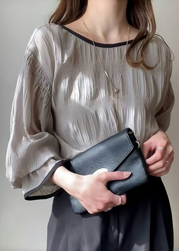 Italian Grey Oversized Wrinkled Chiffon Tops Puff Sleeve