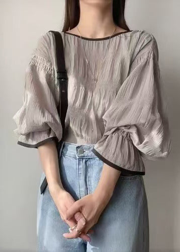 Italian Grey Oversized Wrinkled Chiffon Tops Puff Sleeve