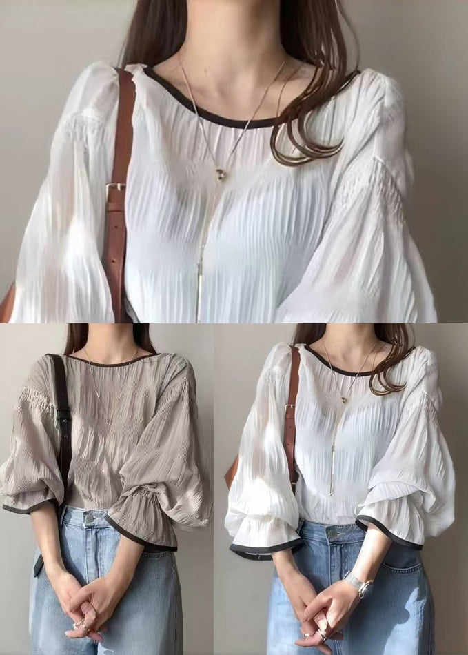 Italian Grey Oversized Wrinkled Chiffon Tops Puff Sleeve