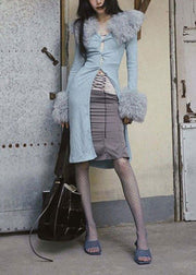 Italian Grey Patchwork Faux Fur Knit Cardigan Spring