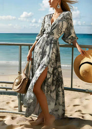 Italian Grey Print Side Open Chiffon Long Dresses Summer