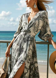 Italian Grey Print Side Open Chiffon Long Dresses Summer