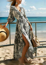 Italian Grey Print Side Open Chiffon Long Dresses Summer