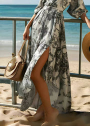 Italian Grey Print Side Open Chiffon Long Dresses Summer