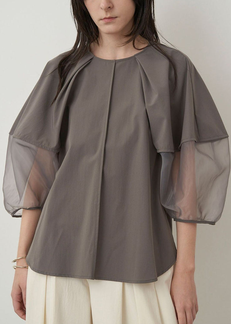 Italian Grey Puff Sleeve Patchwork Organza Shirt Tops Summer